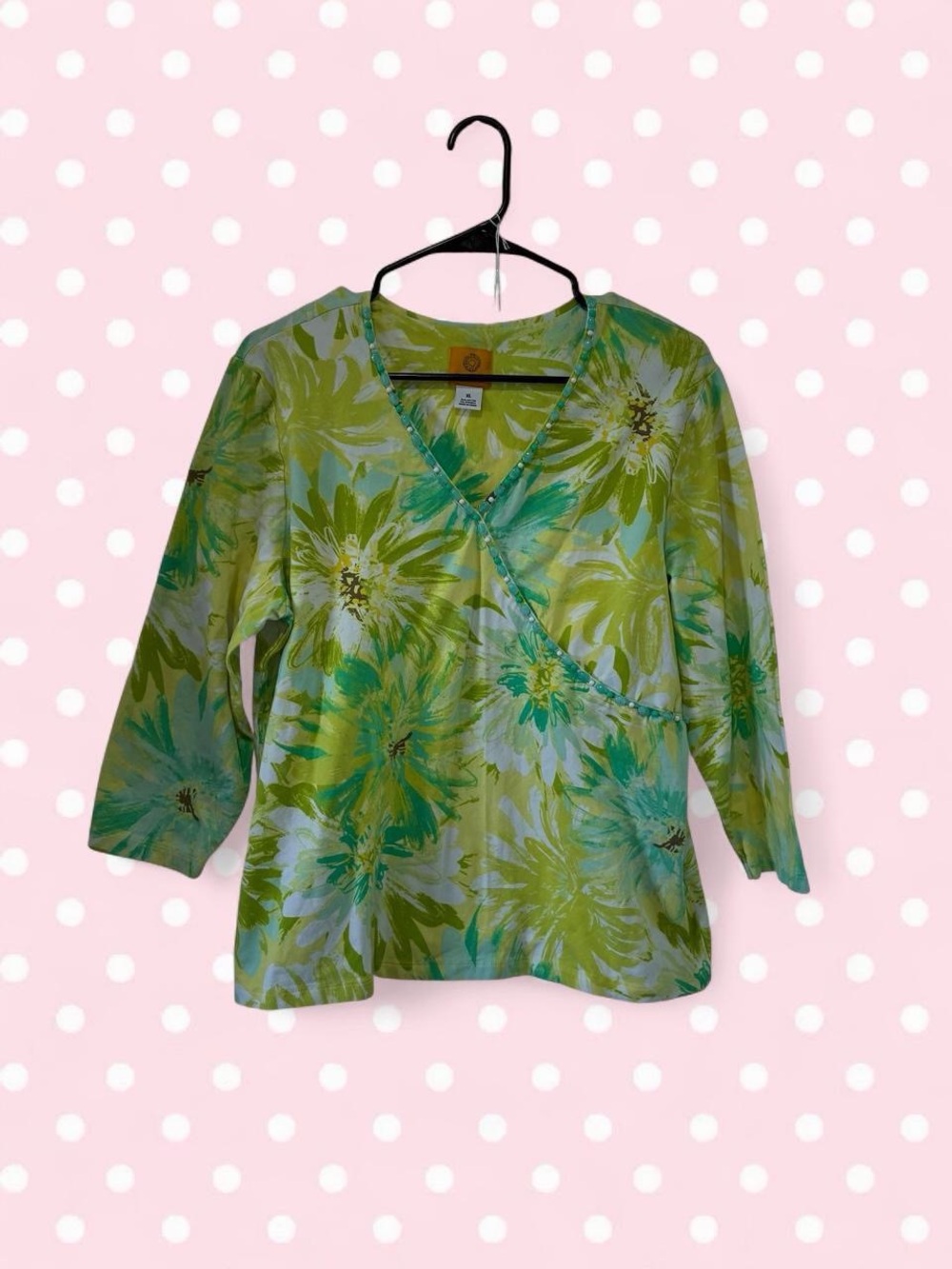 Fairy whimsy Green and white floral longsleeve with beaded trim, size XL